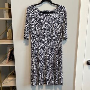 Connected Apparel Navy and White Patterned Midi Dress